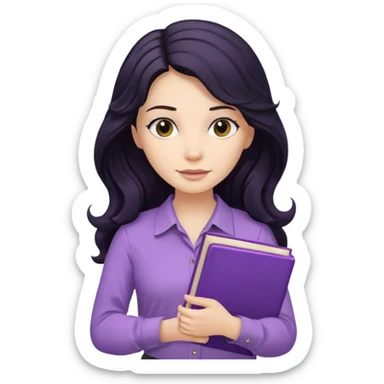 Long Hair Women with purple Book, Black wavy hair, beige shir, without background sticker
