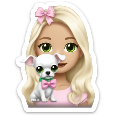 pale blonde girl with long platinum white wavy hair with bright green eyes and wearing a light pink hair bow holding a black and white long haired chihuahua puppy also wearing a hair bow sticker