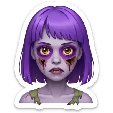 Zombie girl, with bangs above her eyebrows, purple highlights in her dark blonde hair, thin eyebrows. sticker