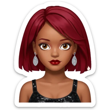 Rihanna with dark red hair, black sequin crop top, hazel eye sticker