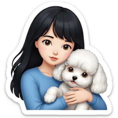 A beautiful girl with long black hair and bangs hugs a Bichon Frise tightly sticker