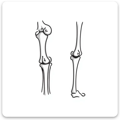 anatomical drawing of knee bones showing patella, femur, tibia, and fibula with labels sticker