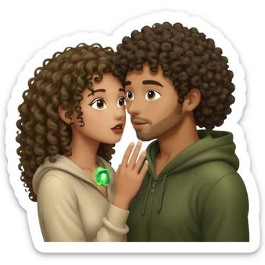 nude mixed-race woman with curls and nude hooded forest man, she whispering into his ear, glow dust sticker