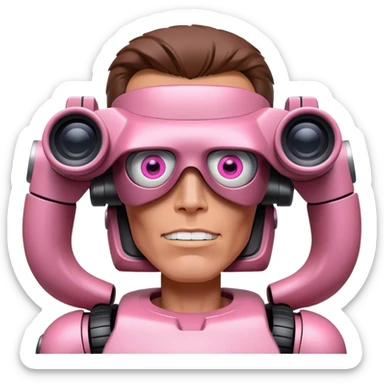 schwarzenegger-looking half robotic half human pink terminator looking through two-eyed binocular, viewed from an angled perspective sticker