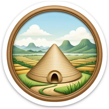 Cinematic Realistic image of an iconic conical hat (Nón Lá), rendered with detailed textures and subtle natural hues, set against a serene rural Vietnamese landscape with gentle, diffused lighting sticker