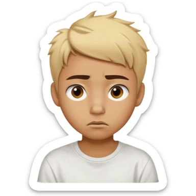 caramel skin color. Teen age. Short buzz, messy blonde hair, dark brown bushy eyebrows large expressive golden-brown eyes, brown skin color, scar over nose, wearing a plain white t-shirt. Disappointed thinking facial expression. caramel skin color sticker