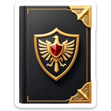 Un libro negro mate con detalles en dorado profundo o rojo oscuro, irradiando una sombra poderosa, con un símbolo de escudo, y una ligera aura de calor, reflejando el poder de vivir sin miedo.  sticker