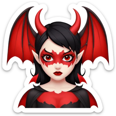 Demon girl: red skin, black hair, small horns, bat wing; tattoo-flash comic style; red/black palette; bold outlines; dark background; no text. sticker