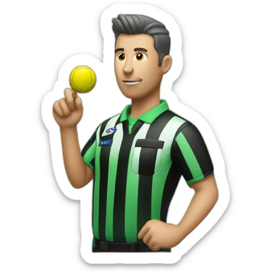 A fifa Soccer referee with green shirt whistling a blue whistle for a position sticker