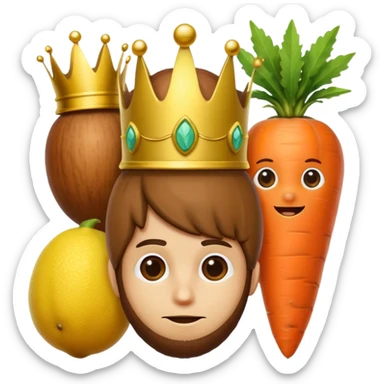 There is a hazelnut with a crown on his head, on his left side is a lemon like a hacker and on his right side is a carrot like a detective sticker