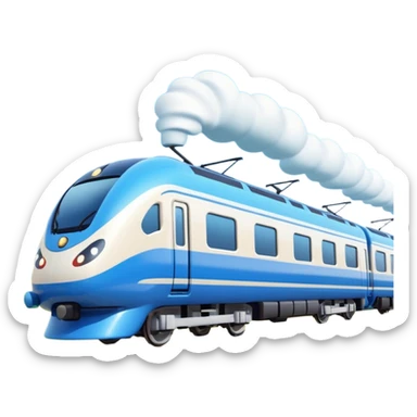 A 3D cartoon sleek white bullet train on tA 3D cartoon passenger train with blue carriages and visible windows, moving through countryside, Memoji-style.racks, high-speed motion blur, clean lighting, Memoji-style realism. sticker