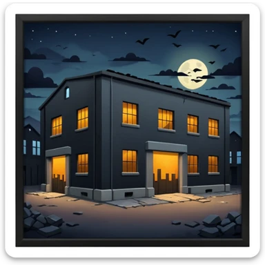 cinematic realistic ultra HD - a warehouse in a secluded place, at night with broken walls sticker