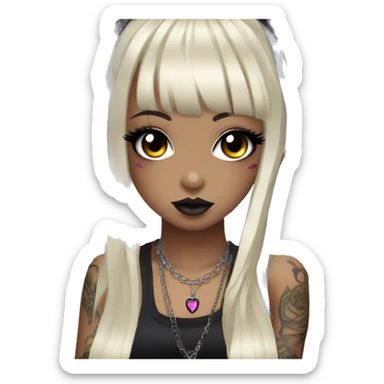 hime gyaru girl, long black hair with rainbow fringe, tattoos, dark makeup, goth grunge clothes sticker