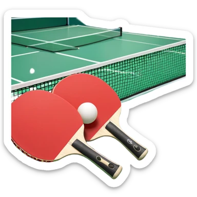Two table tennis paddles and a ball placed on a ping pong table, with the net in the background. The scene conveys the simplicity and focus of the sport, with vibrant colors highlighting the rackets and ball on the smooth surface of the table. sticker