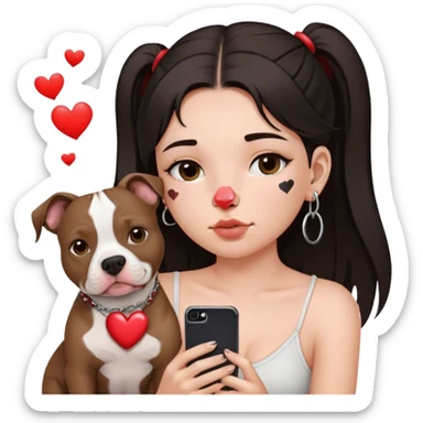 Young girl, with long dark hair,chop you around her face holds her phone sitting by her pitbull. She has a small septum ring in her nose and heart fly all around her. sticker