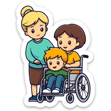 Brown haired son in a wheelchair with blonde women pushing sticker