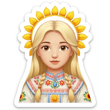 Ukrainian young girl with blonde hair wearing traditional vyshyvanka embroidered shirt holding a bright sun sticker
