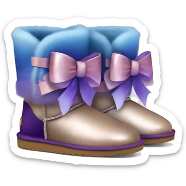 Realistic pair of blue ,purple,and taupe  ombre grunge Ugg fur boots with rose gold silk ribbon bows. sticker