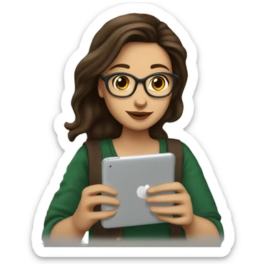 A female brunette mer student , studying in her iPad  drinking a Starbucks coffee (make an iced tea coffe cup) sticker