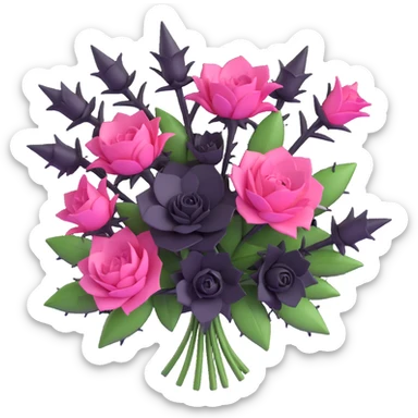 minimal 3D gothic bouquet with thorns, pink and black flowers, simple and mysterious sticker