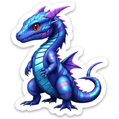 Cute Shiny striped iridescent cyan indigo blue violet Guilmon-Salandit-Fakémon-hybrid-creature (full body)  sticker
