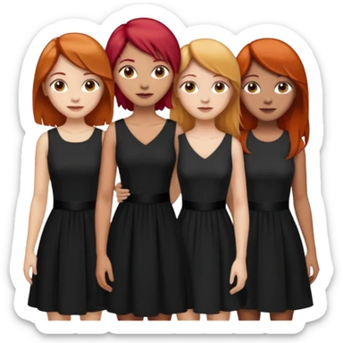 Can you create an image of 3 friends together one with red bright hair light skin one the other with brown hair with some blonde highlights in the hair fair skin the last one with light brown a tint of orange hair and black long hair with brown with dresses dark hair on one of the girls  sticker