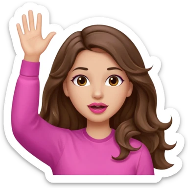 girl with long wavy brown hair, brown eyes, light to medium complexion, in a pink shirt, pink lips, long lashes, puckered lips, both hands in the air cheering sticker