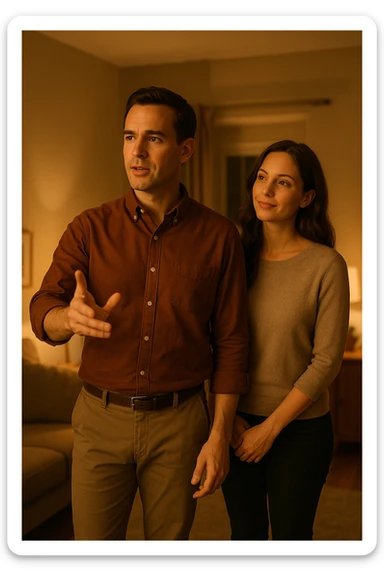 a woman stands slightly behind a man in a domestic setting, looking at him con fiducia e attesa. Il man is upright, with a confident and decisive posture, gently gesturing as if giving direction. The woman’s body language is relaxed and receptive, showing that she trusts and follows his lead. The background is warm and softly lit, emphasizing the couple’s dynamic. sticker