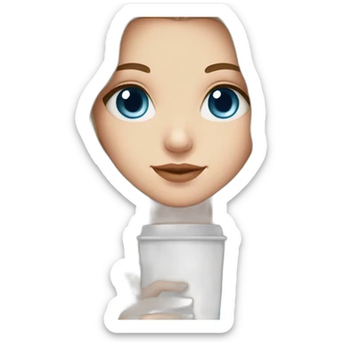 white girl with blue eyes brown long hair and a hot chocolate sticker