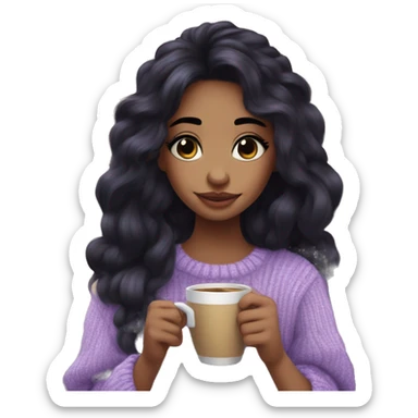 Cute girl with long black hair, long black lashes with heavy conture in lavander cozy sweather with coffe in hands sticker