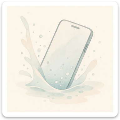 soft watercolor illustration in a minimalist modern style of a phone submerged in water with a lot of splash and bubbles, pastel colors, delicate linework, gentle whimsical mood, minimal soft shading sticker
