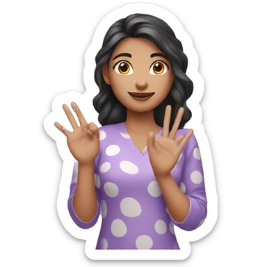 A girl with lavender kurti white spots showing three fingers sticker