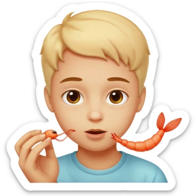 Emoji-style person tasting a weird-looking shrimp, curious expression, cute rounded face, soft shading sticker