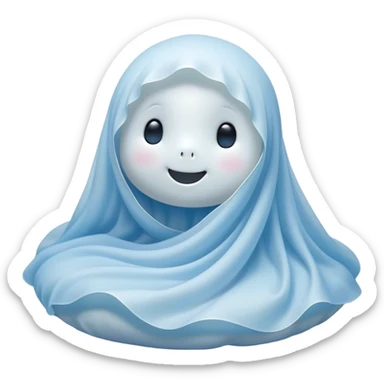 An adorable, peacefully floating sheet-like ghost in gentle pastel whites and blues, its soft, rounded form loosely draped, head resting with closed, serene sparkling eyes and a tiny, contented smile, simplified yet irresistibly charming, highly detailed, with a soft glowing outline that captures the essence of a sleepy, endearing spirit wrapped in cozy slumber! sticker