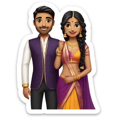 south indian girl fair with hair wearing dark purple lengha marrying south indian guy with straight hair and wearing silver black pants in  sticker