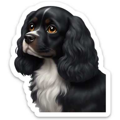 completely black small king spaniel with black fur on his whole face and white fur on chest sticker