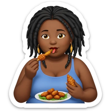 Fat black lady with black dreadlocks eating a small chicken wing sticker