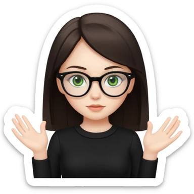 a cute white brunette girl with green eyes in a black dress wearing glasses  with two hands  sticker