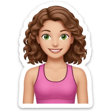 White, green-eyed, brunette cute feminine lady emoji with wavy hair doing pilates wearing pink pilates fit sticker