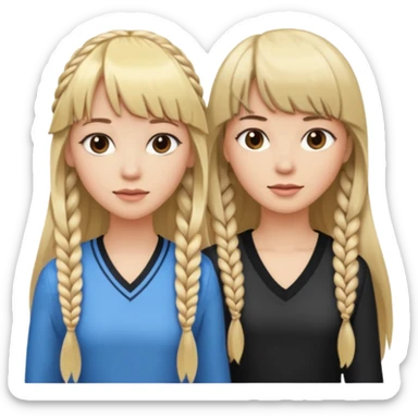 Woman very long flowing blonde hair With BANGS standing next to woman DARK BROWN HAIR with BANGS ONE BRAID on one side.   sticker