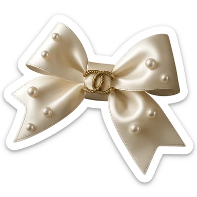 Add a solid black background behind the elegant bow with pearls and gold Chanel logo, glossy, soft lighting, realistic style with soft reflections and highlights on the bow and pearls. sticker
