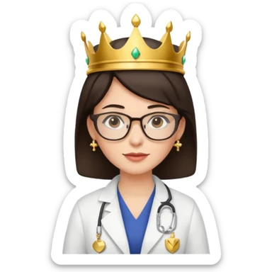 female doctor short dark brown hair with glasses and earings and a crown sticker