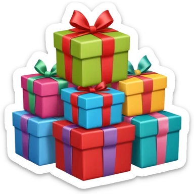 five gift boxes stacked in a pile, each gift box a different color, cute and bright, apple standard emoji style sticker
