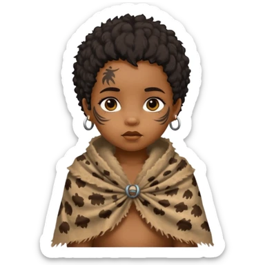 ancient hairy black baby tatooed girl, tattered animal skin shawl sticker