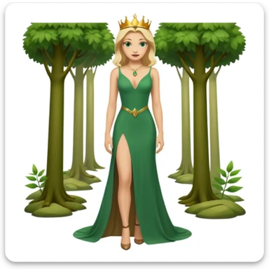 Queen, crown, blonde hair, green eyes, long green tight dress, decoltee,  Leg slit, whole Body, Background forest  sticker