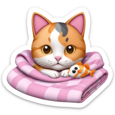 3D iOS-style Apple emoji of a cute calico cat with brown and gray patches, lying in pink blankets, holding a phone with a fishbone icon, cozy and soft scene, cat's face peeking out from the blankets sticker