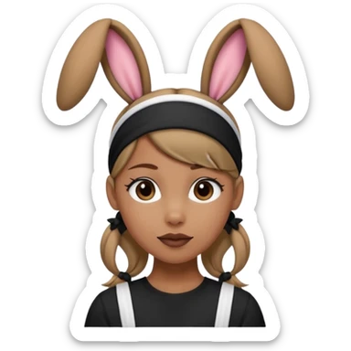 "A tan-skinned person with a high brown ponytail wearing a headband with black bunny ears. The character is dressed in a stylish black outfit. The emoji style should be cute, expressive, and modern — simple but detailed enough to show the ponytail, bunny ears, and outfit clearly." sticker