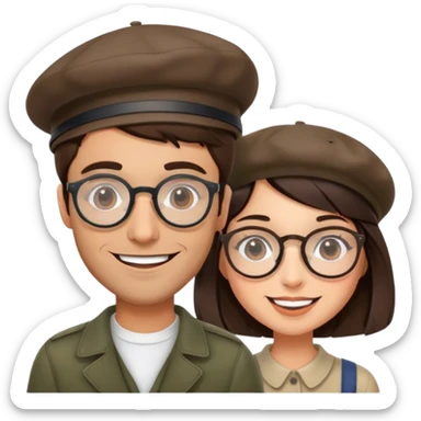 brunette hipster man w wire glasses and brunette girl with bob and a beret sticker