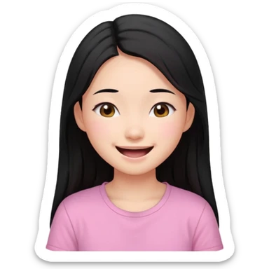 a girl genuinely feeling happy so so so much laughing so hard with her eyes folded long black hair asian girl on a pink shirt sticker