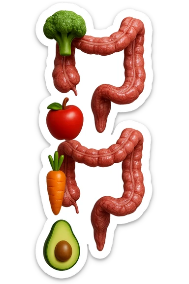 emoji stile iphone in 3d di cibo sano che fluttua in aria vericalmente insieme a pezzi di colon umano anatomico, iperrealistico 4k sticker